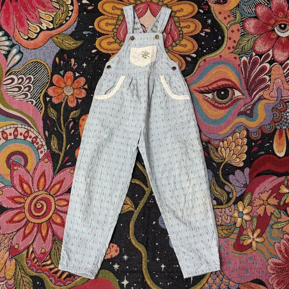 Vintage 90s OshKosh B'Gosh Floral Striped Embroidered Vestbak Overalls Girls 6